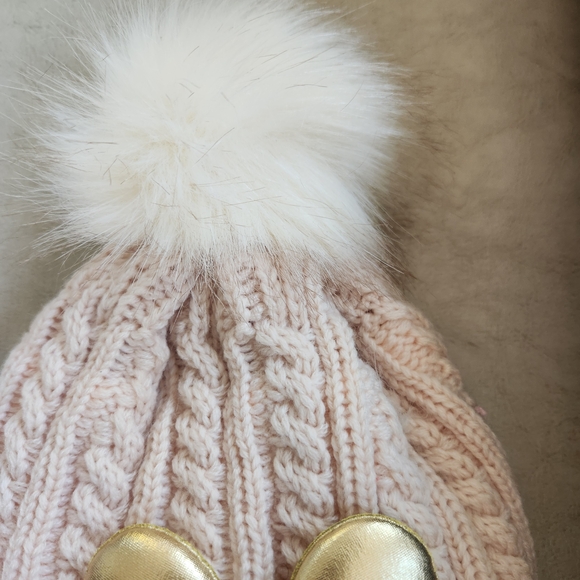 Blush Knit Hat with Gold Heart Bow And "Pink" SEQUIN Wording NWOT - Picture 3 of 5